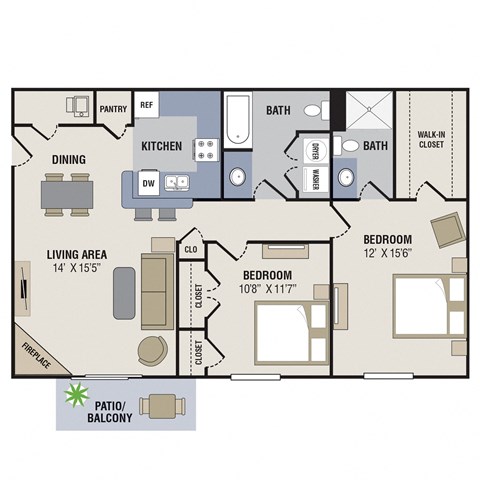 Floor plan for 2 beds, 2 baths, 1050 sqft